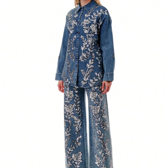 Blue Casual Women's Floral Sequin Party Denim Jacket & Jeans Vacation Set - Picture 3 of 6